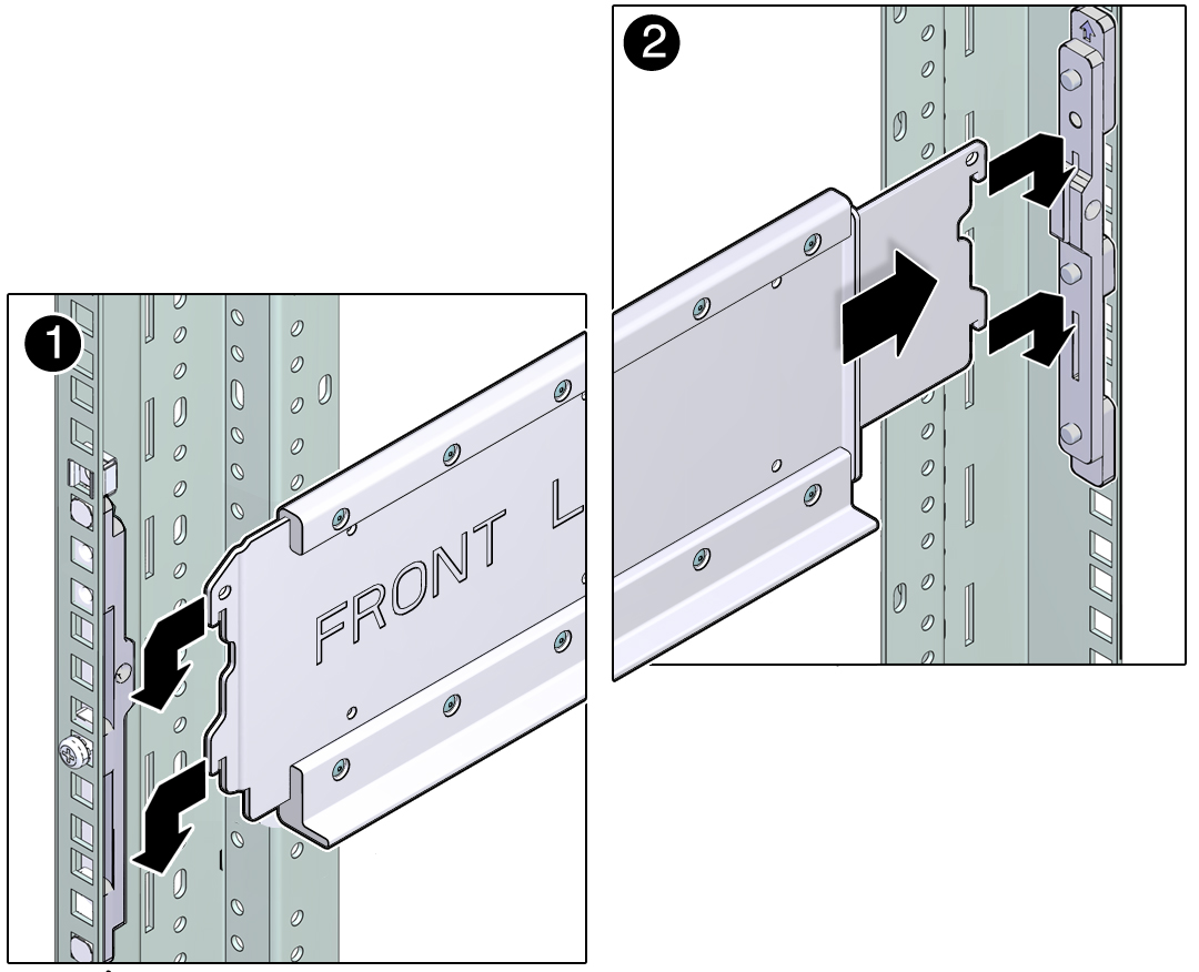 image:Image showing how to install the shelf rail into adapter brackets.