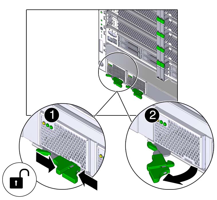 image:Graphic showing how to unlock and release a power supply.