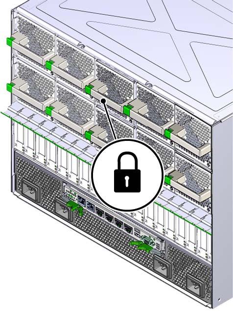 image:Graphic showing how to lock the latch on the fan module.