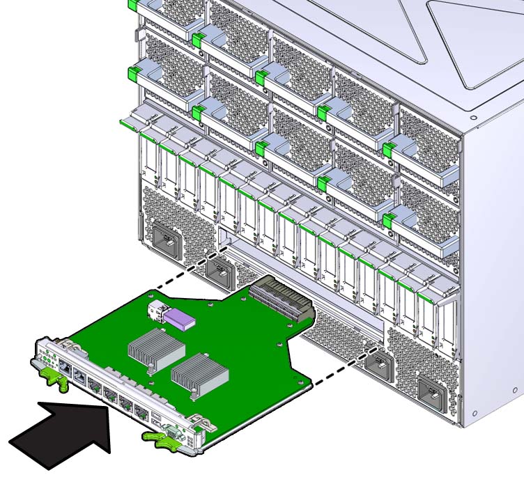 image:Graphic showing how to install the rear I/O module into the server.