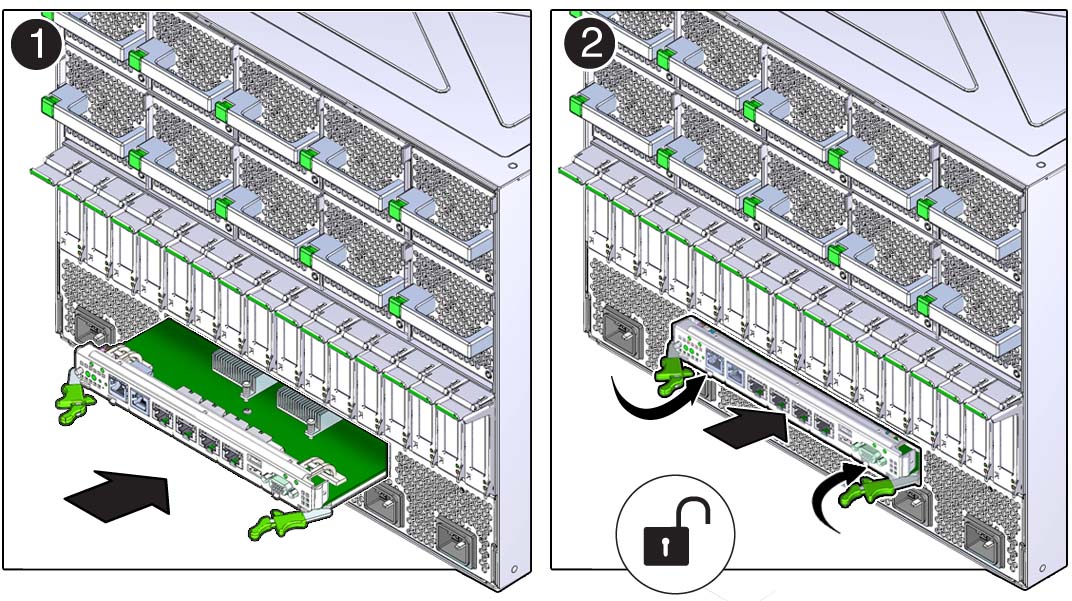 image:Graphic showing how to lock the rear I/O module.