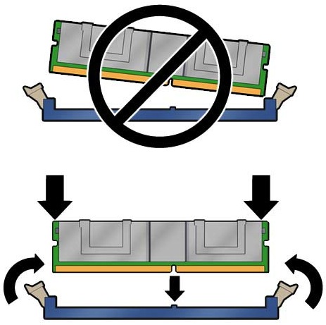 image:Graphic showing how to insert a DIMM onto the motherboard.