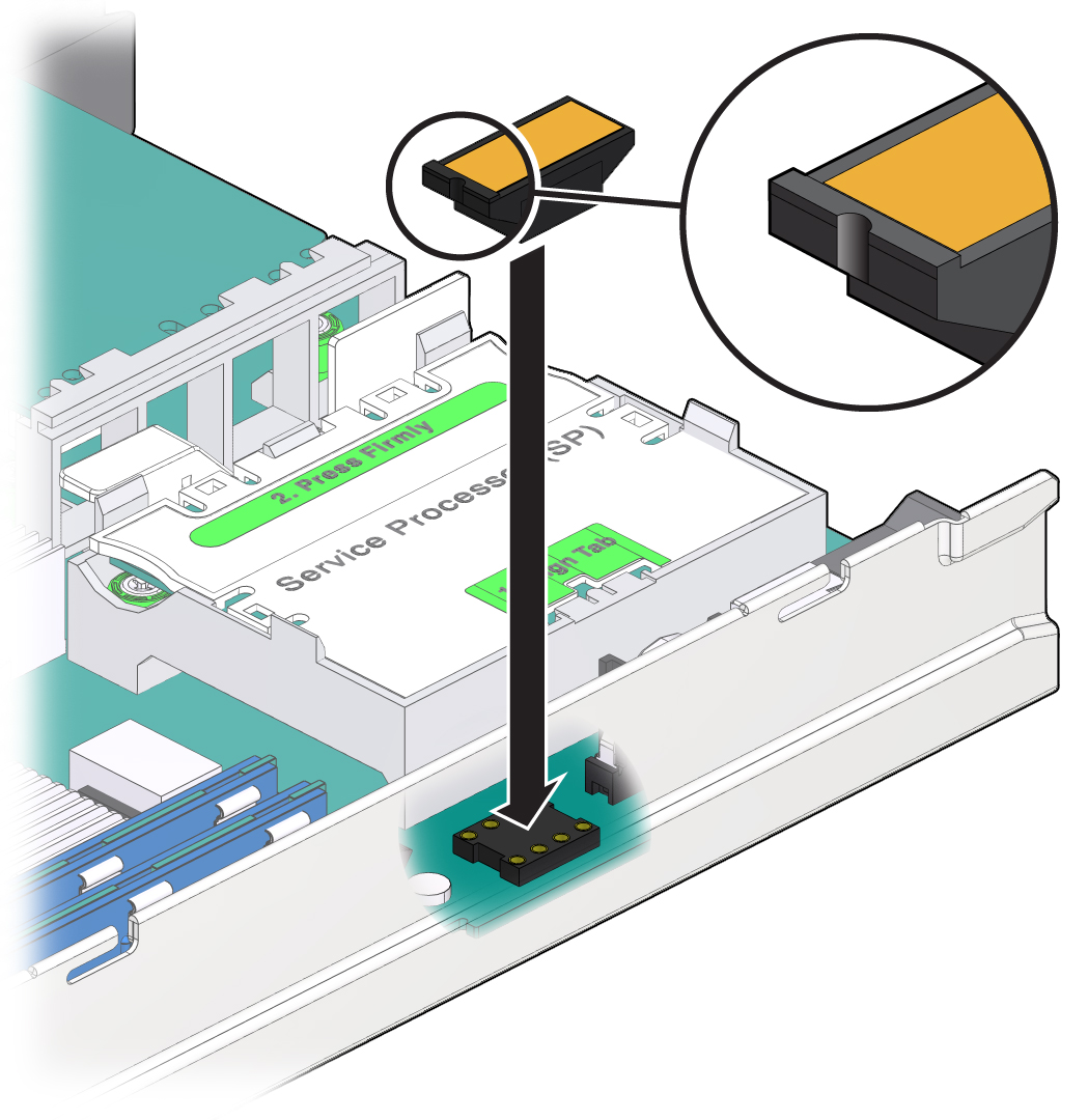 image:Figure shows the installation of the ID PROM on the server module motherboard.