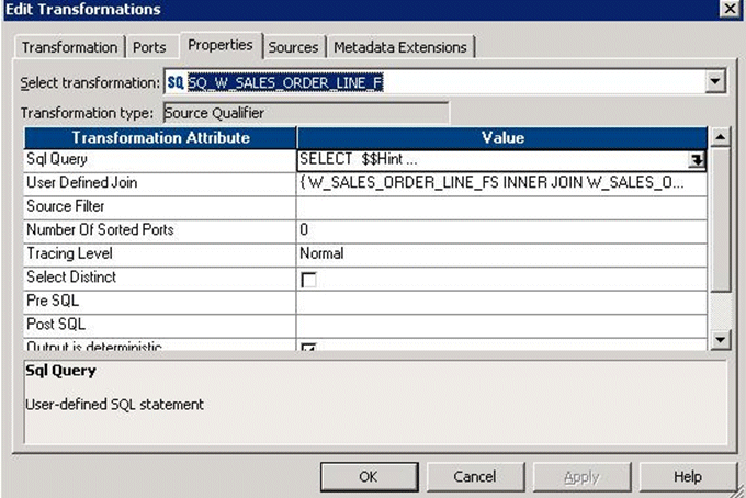 Shows the Properties tab of the Edit Transformations dialog.