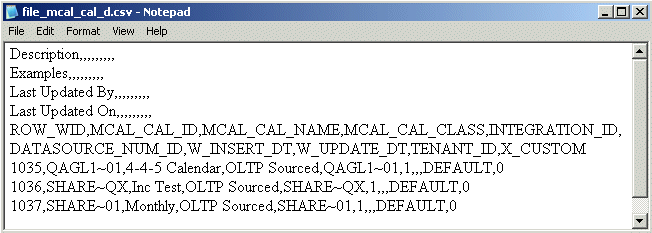 Shows file_mcal_cal_d.csv opened in a text editor.