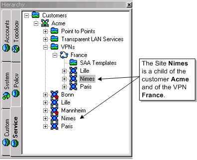 Hierarchy pane, shows Nimes as child of a customer and VPN.