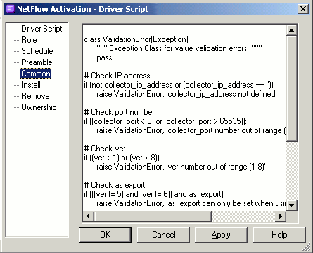 Screenshot of the Common page of the Driver Script dialog box
