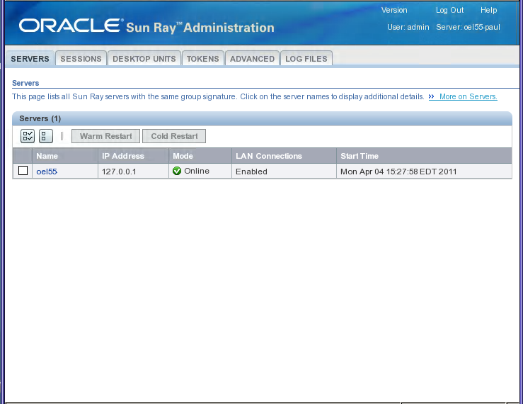Screenshot showing the home screen of the Admin GUI.