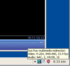 Screenshot showing the video acceleration taskbar icon indicating that video acceleration (multimedia redirection) is active.