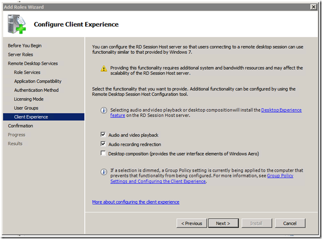 Windows Server 2008 R2 でビデオリダイレクションを有効にするために使用される「クライアントエクスペリエンスの構成」ページを示すスクリーンショット。