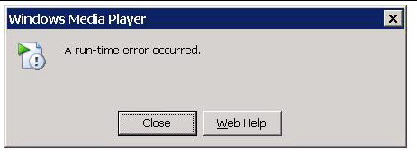 Screenshot showing a Windows Media Player error screen with the error message 'A run-time error occurred' displayed.