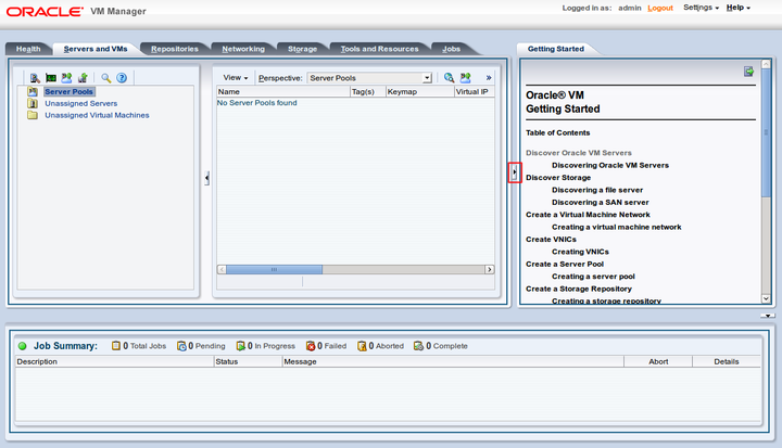 This figure shows the Servers and VMs tab, which is the default tab displayed after log in.