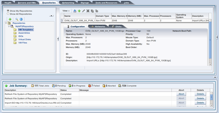 This figure shows the imported virtual machine template in the VM Templates folder in the Repositories tab.