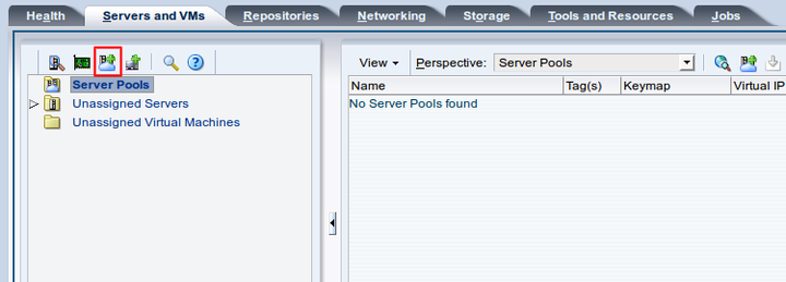 This figure shows the Create Server Pool icon in the Servers and VMs tab.