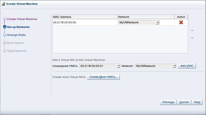 This figure shows the Setup Networks step in the Create Virtual Machine wizard.