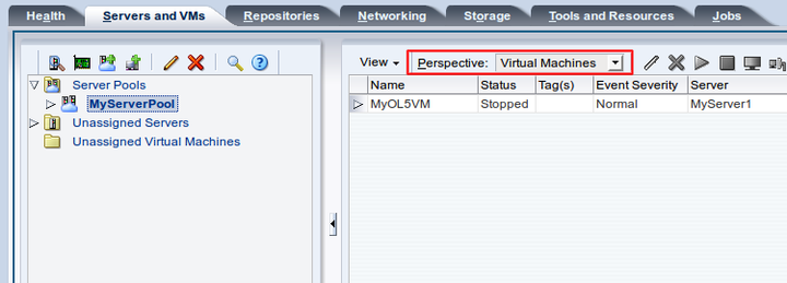 This figure shows the Virtual Machines perspective in the Servers and VMs tab.