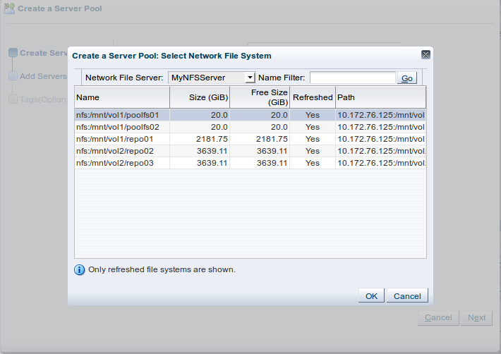 This figure shows the Create a Server Pool: Select Network File System dialog box.