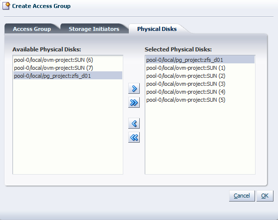 This figure shows the Physical Disks tab in the Create Access Group dialog box.