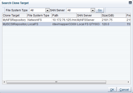 This figure shows the Search Clone Target dialog box.