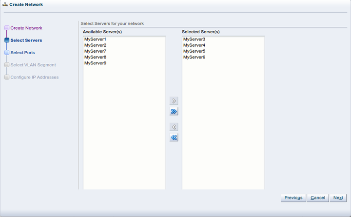 This figure shows the Select Servers step in the Create Network dialog box.