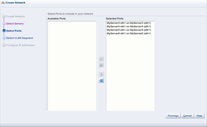 This figure shows the Select Ports step in the Create Network dialog box.