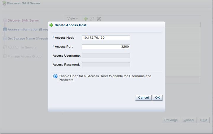 This figure shows the Create Access Host step in the Discover SAN Server wizard.