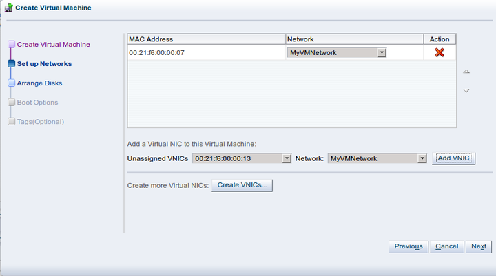 This figure shows the Setup Networks step in the Create Virtual Machine wizard.