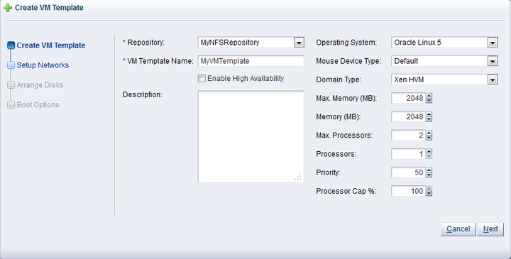This figure shows the Create VM Template step of the wizard.