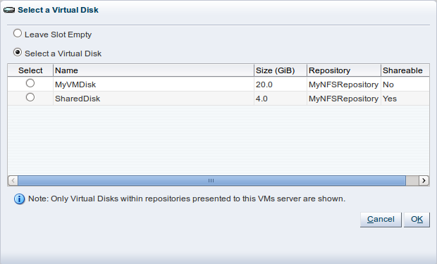 This figure shows the Select a Virtual Disk step in the Create Virtual Machine wizard.