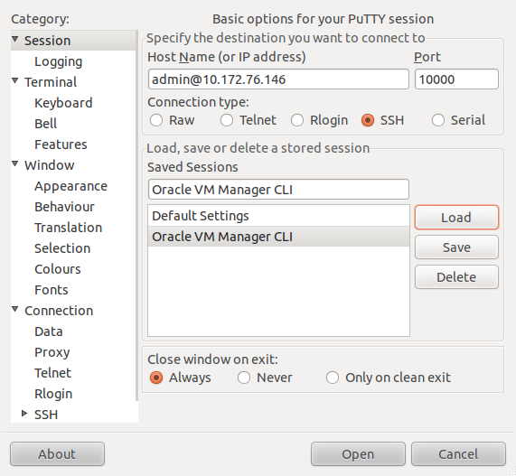 This image shows a PuTTY session with the connection details to connect to Oracle VM Manager.