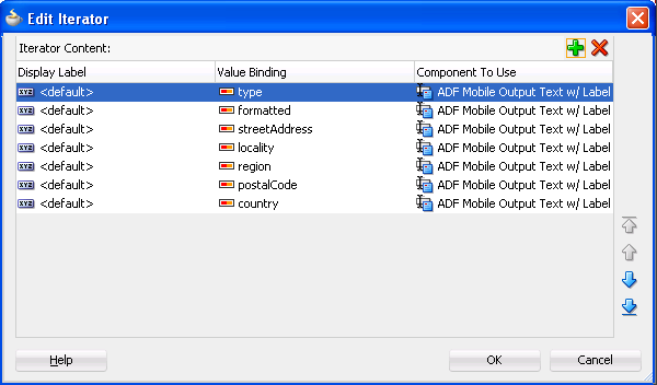 Edit Iterator Fields Dialog for ADF Mobile Iterator