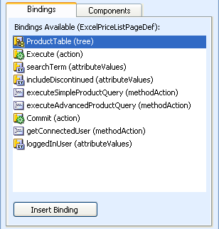 ADF Bindings Palette in the task pane