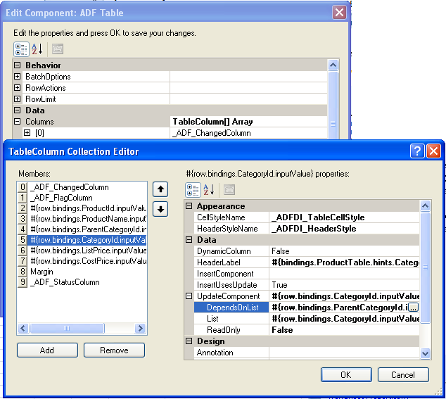 Design Time Dependent List of Values in Table Component