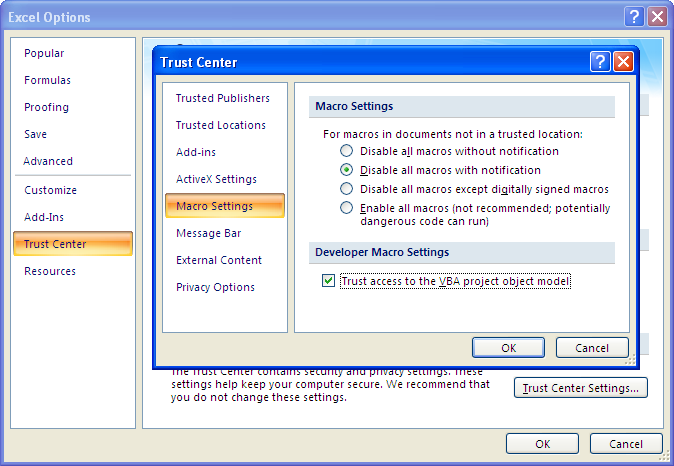 Excel Trust Center dialog