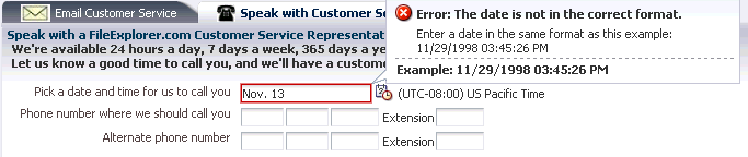 Validation error displayed in a browser