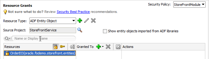 Entity objects without grants in ADF policy editor