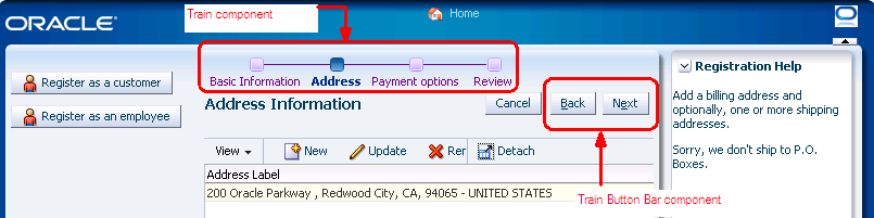 Train Component in the FOD Customer Registration Task Flow