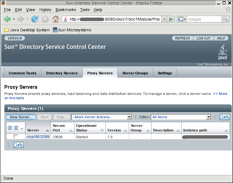 図: スクリーン・キャプチャはDSCCでの登録済Directory Proxy Serverのリストを示しています。