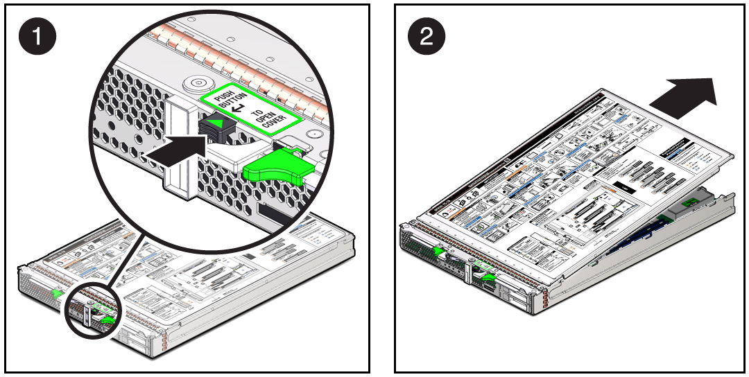 image:Figure showing how to remove the cover from the server                                         module.