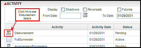 Disbursement icon on Activity Screen