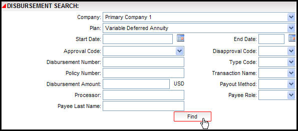 Disbursement Search Screen