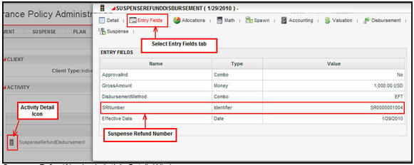 Suspense refund number in activity details window