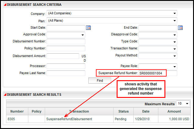 Suspense Refund Number field on Disbursement Search Screen