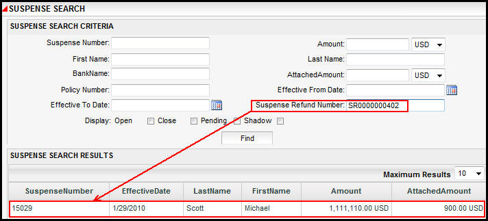Suspense Search Screen with Suspense Refund Number