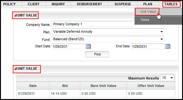 Unit Values Screen with Table Menu and Option Highlighted