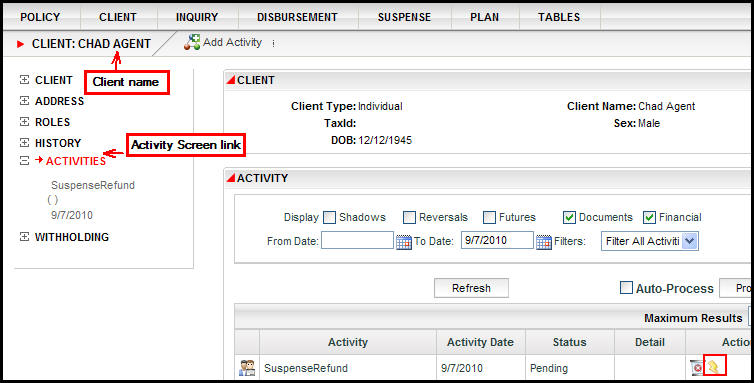 Client Activity on Client Activity Screen