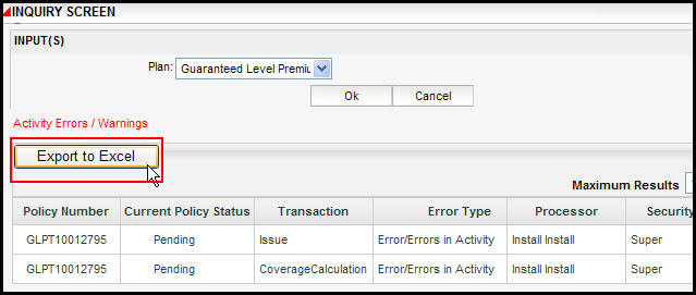 Export to Excel button on lnquiry screen