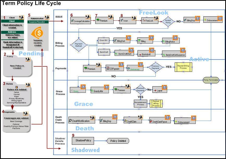 Term policy life cycle example showing typical transactions