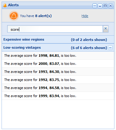 Alerts filtered using type-ahead