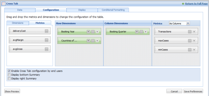 Cross Tab edit view - Configuration tab